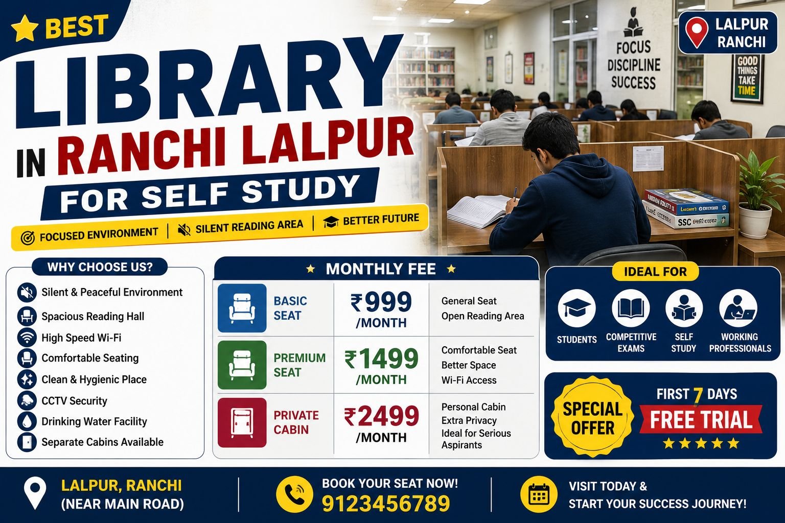 Best Library in Ranchi Lalpur for Self Study Monthly Fee
